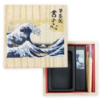 #表現社 書道用品 ミニ書道セット･桐箱書の心 筆･墨･硯:各1 神奈川沖浪裏 38-166