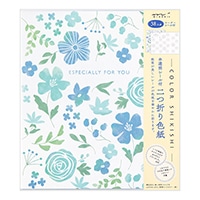 【ミドリ】(国内販売のみ) 色紙 カラー色紙 シール付 半透明 二つ折り 花柄 青   33261